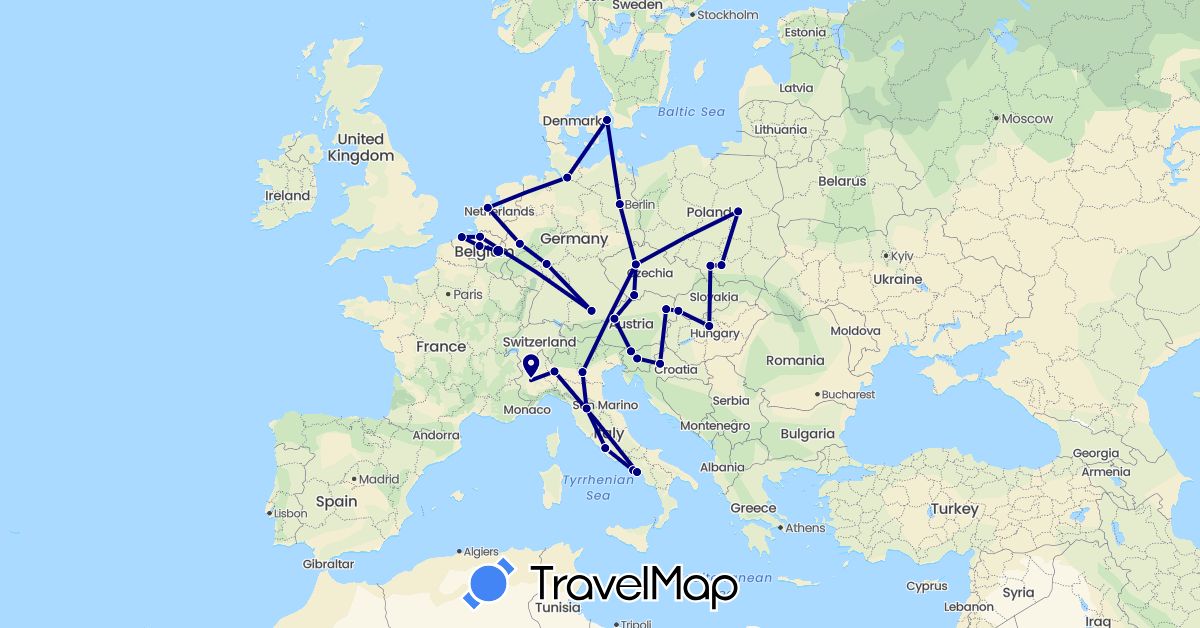 TravelMap itinerary: driving in Austria, Belgium, Czech Republic, Germany, Denmark, Croatia, Hungary, Italy, Netherlands, Poland, Slovenia, Slovakia, Vatican City (Europe)